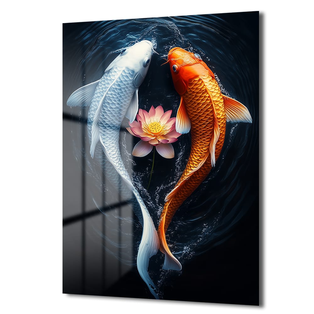 Uyumun Dansı: Koi Balığı ve Lotus Çiçeği Modern Cam Tablo