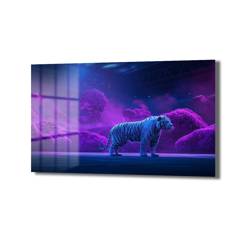 Neon Rüyası: Mor Ormanda Beyaz Kaplan Temperli Cam Tablo