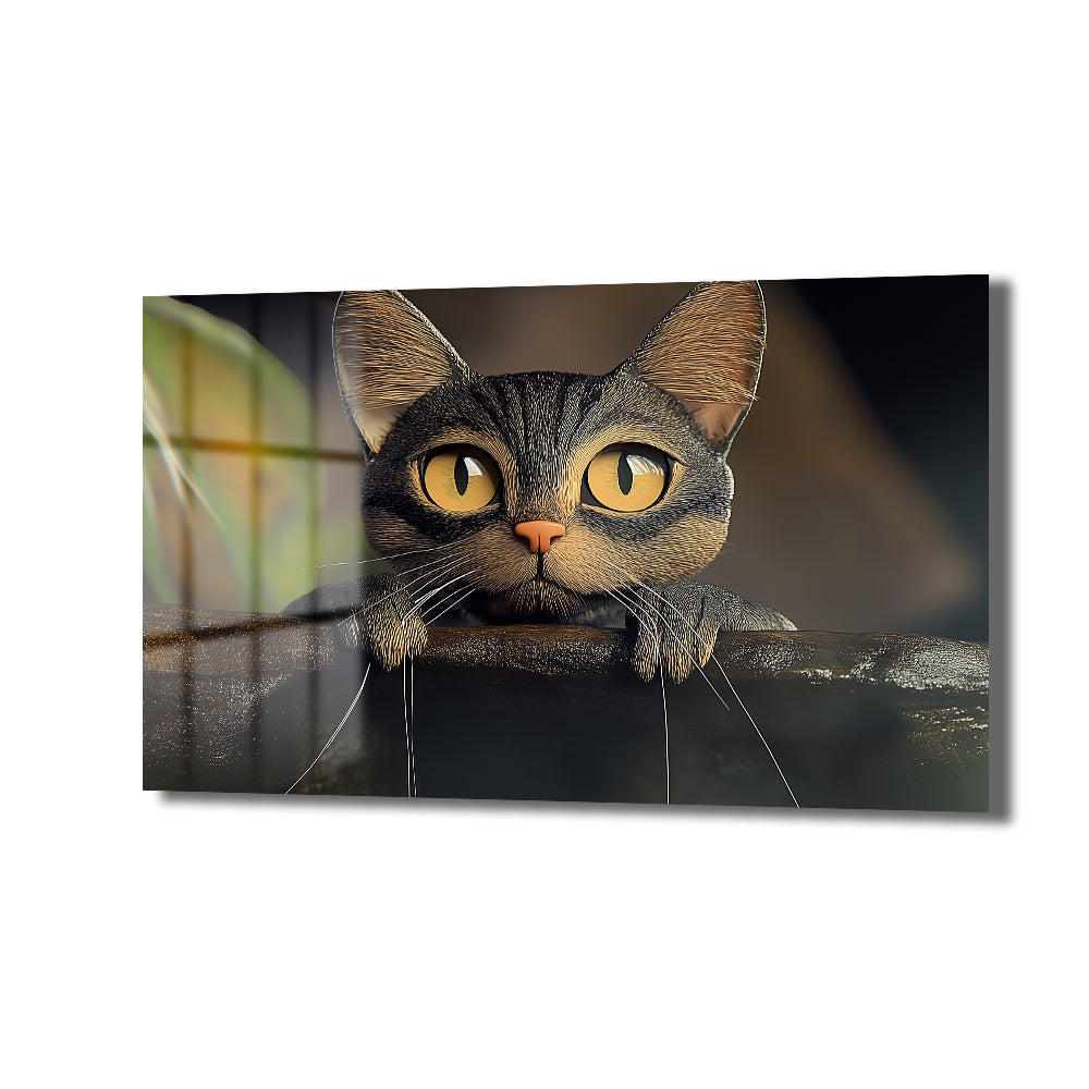 Büyüleyici Gözler: Meraklı Kedi Temalı Modern Dekoratif Cam Tablo