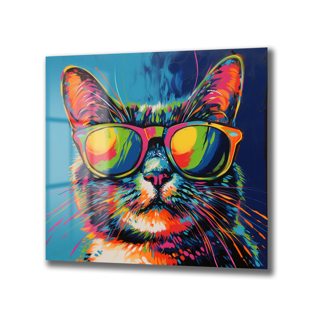 Urban Cool: Gözlüklü Kedi Pop Art Temperli Cam Tablo