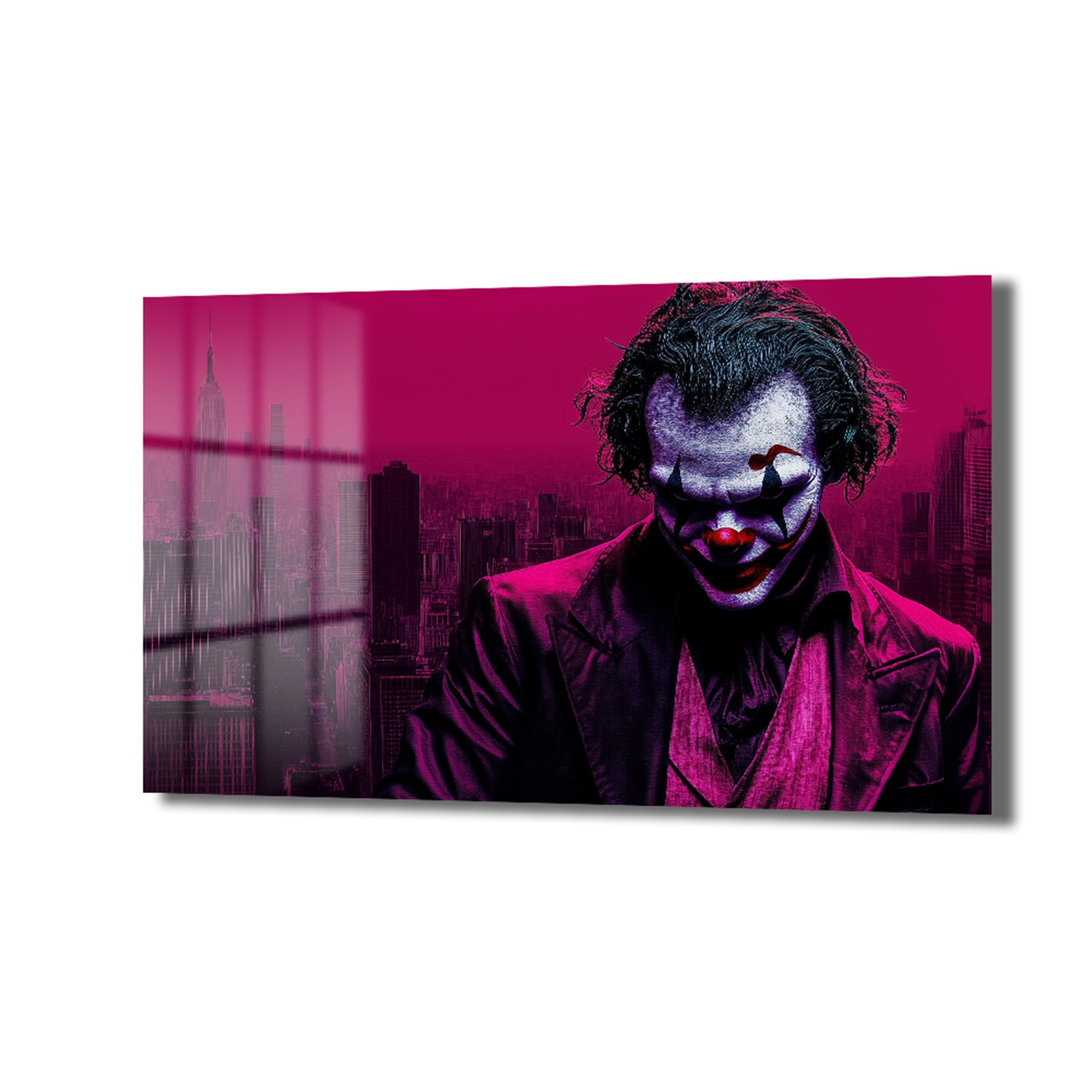 Joker'in Şehri: Koyu Pembe Gotham Temalı Modern Cam Tablo