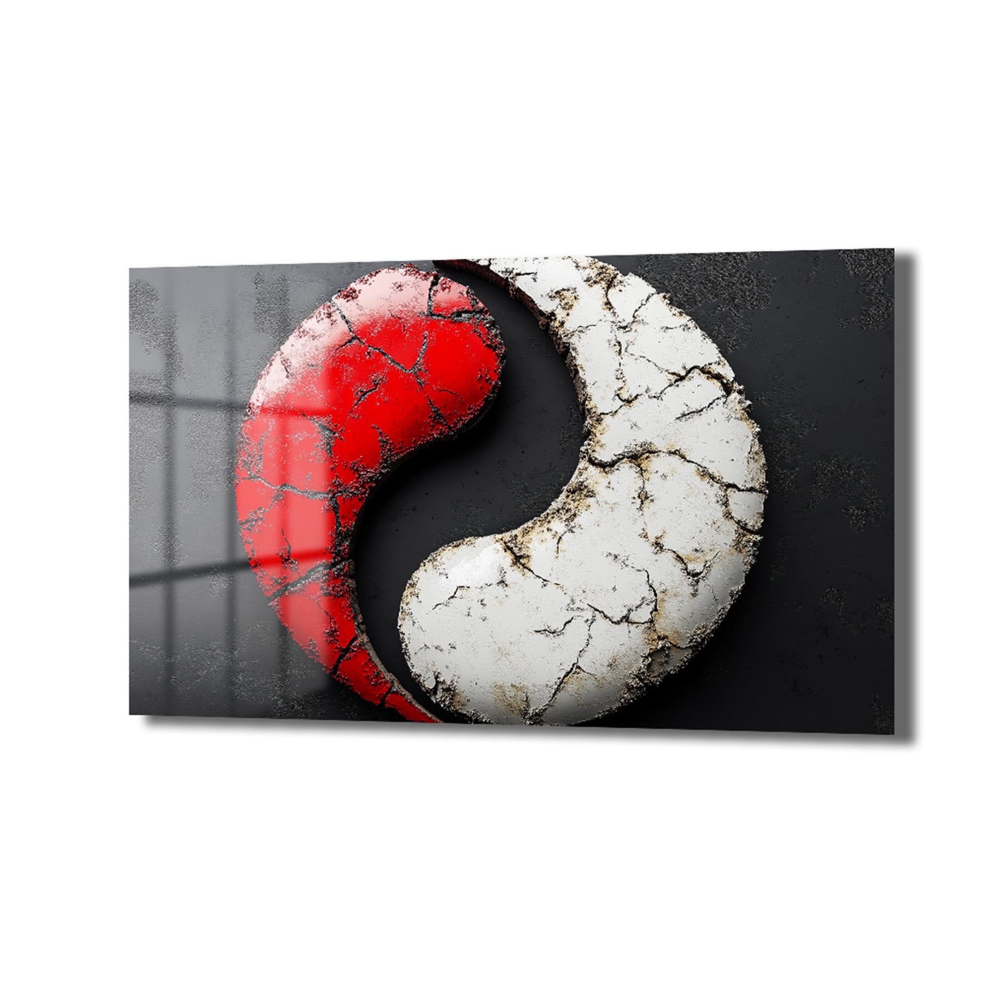 Kırmızı Beyaz Dinamik Denge: Modern Yin Yang Temperli Cam Tablo