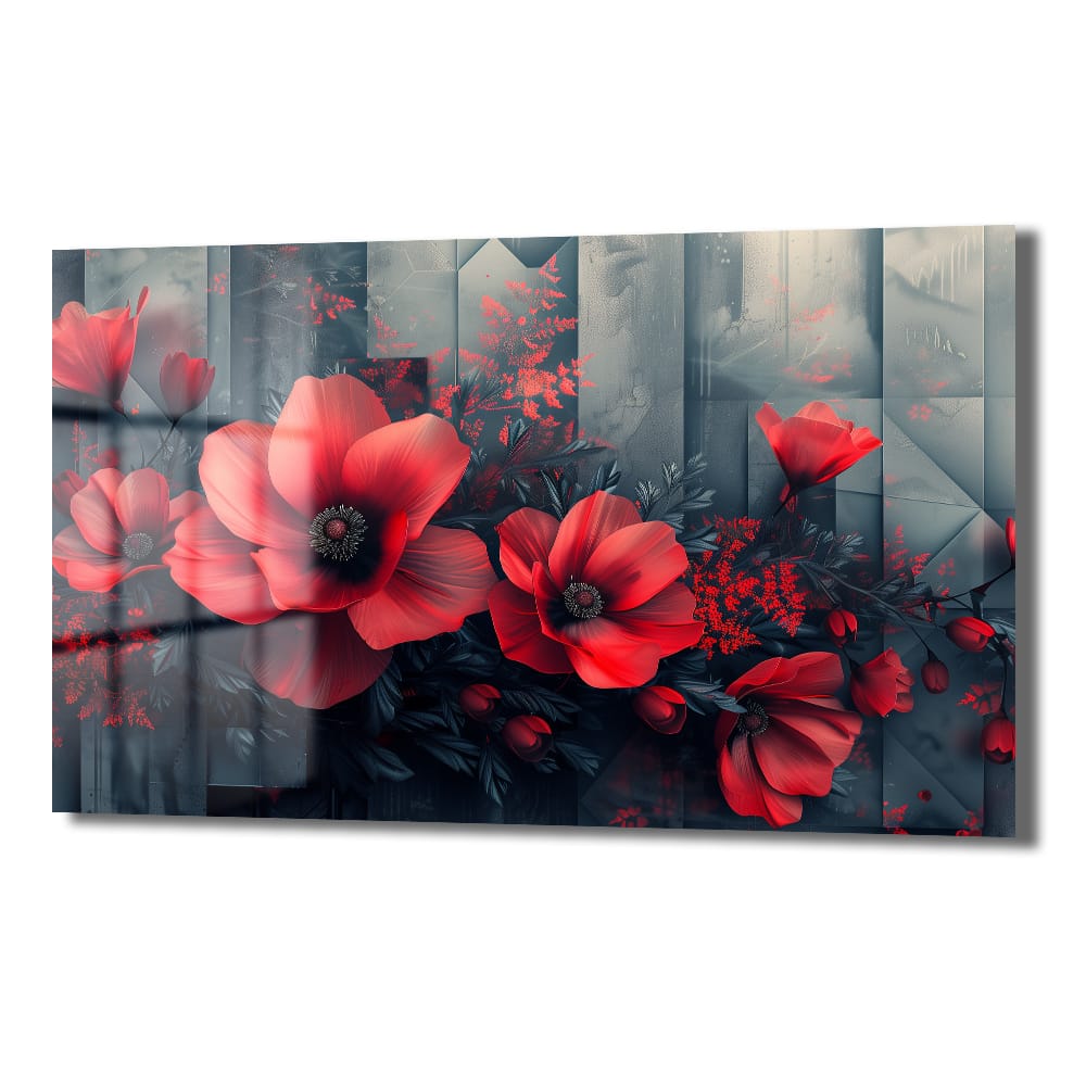 Ateş Kırmızısı Haşhaşlar: Dramatik ve Modern Cam Tablo