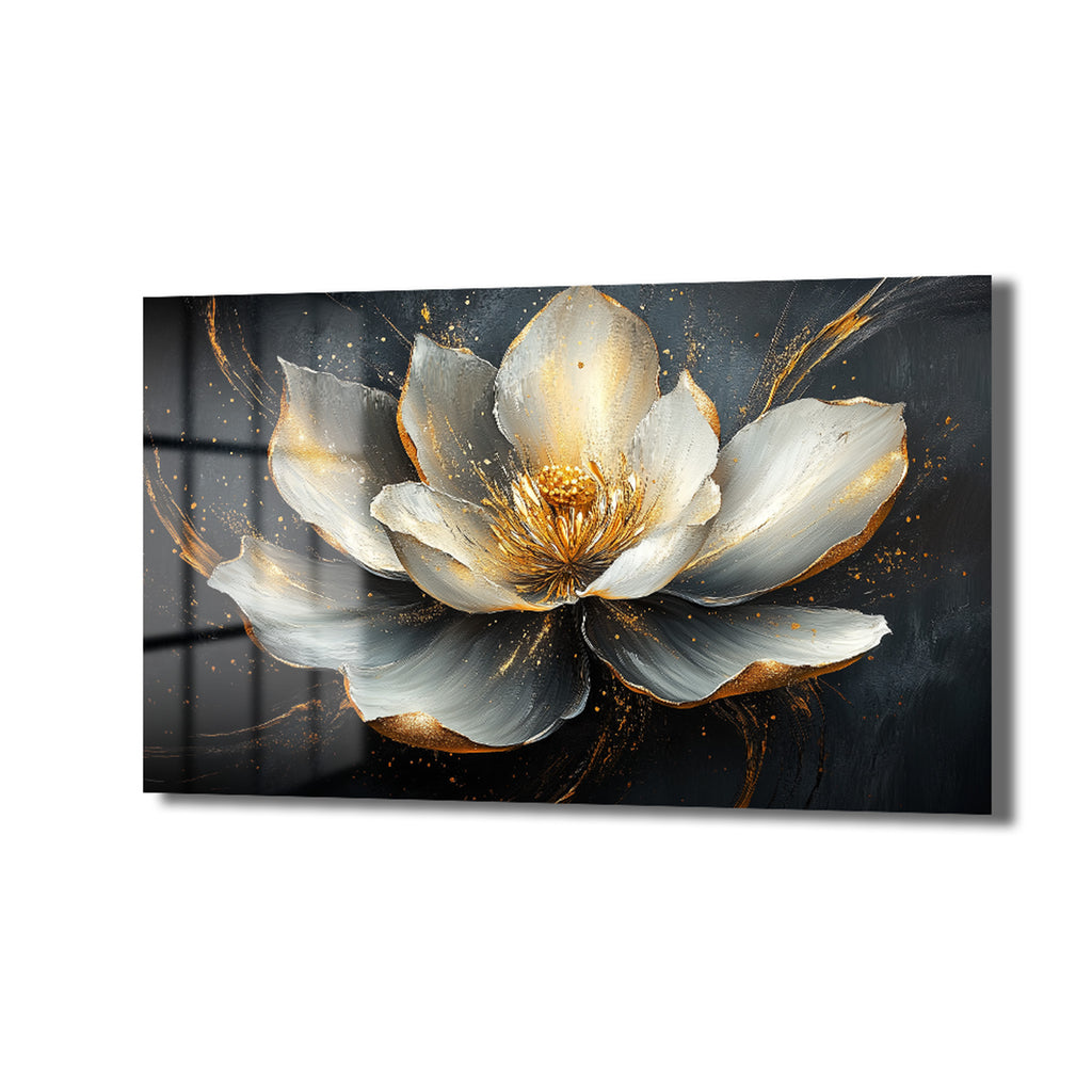Altın Dokunuşlu Lotus Zarafeti: Modern Lüks Çiçek Cam Tablo