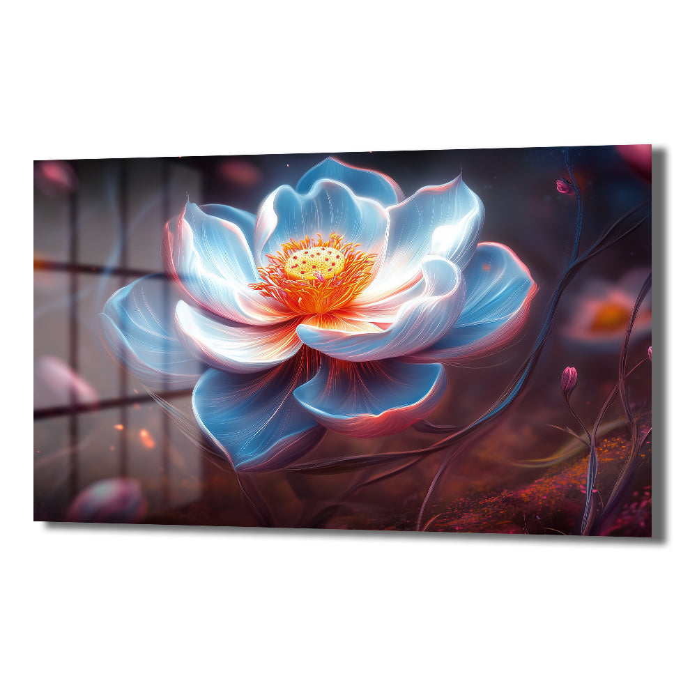 Işıltılı Lotus: Büyüleyici Mavi Tonlarda Modern Cam Tablo