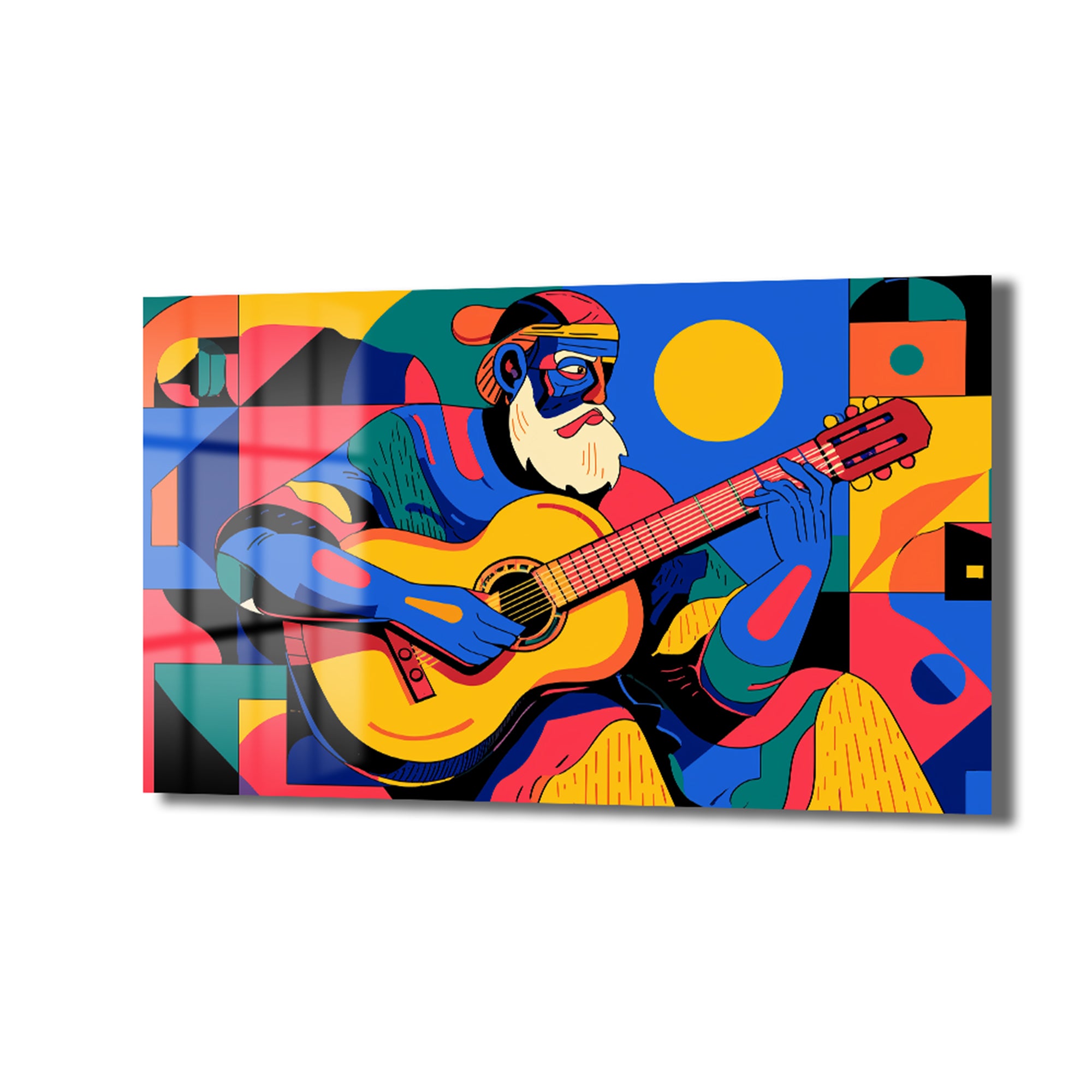 Ritmik Melodiler: Modern Sanat Tarzı Renkli Gitarist Cam Tablo