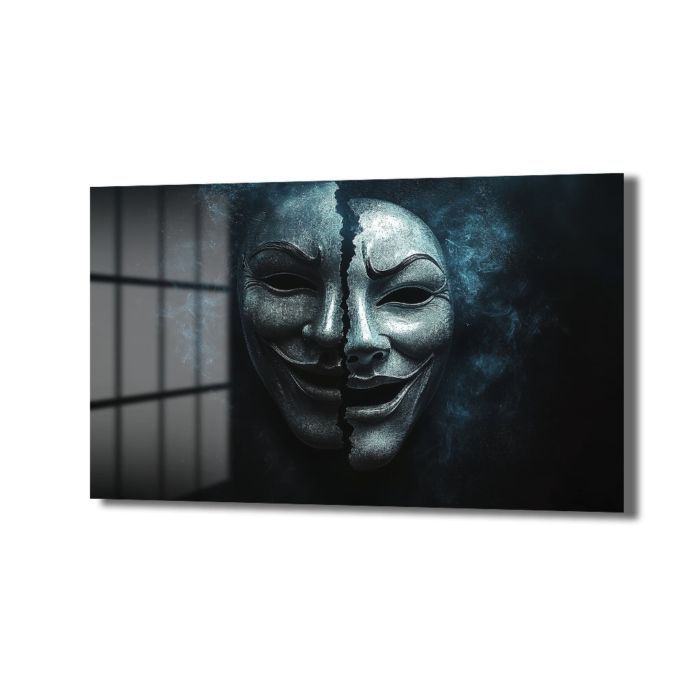 İki Yüzlü Maske: Gizemli Denge Modern Cam Tablo