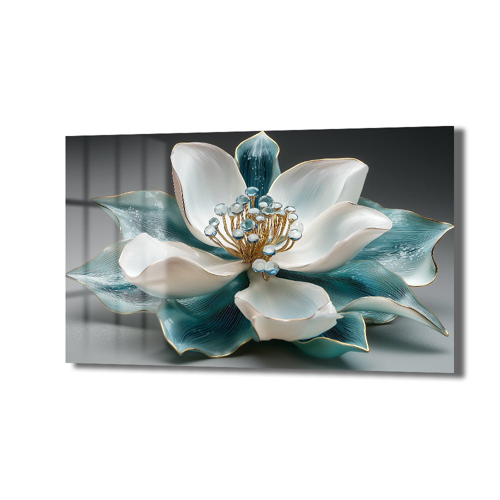Aqua Lotus Zarafeti: Altın Detaylı Modern Cam Tablo