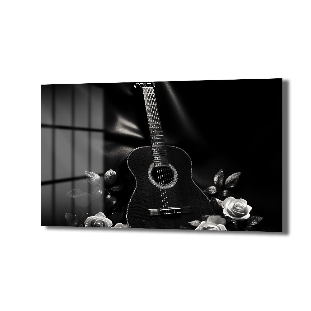 Siyah Beyaz Akorlar: Klasik Gitar ve Güller Cam Tablo