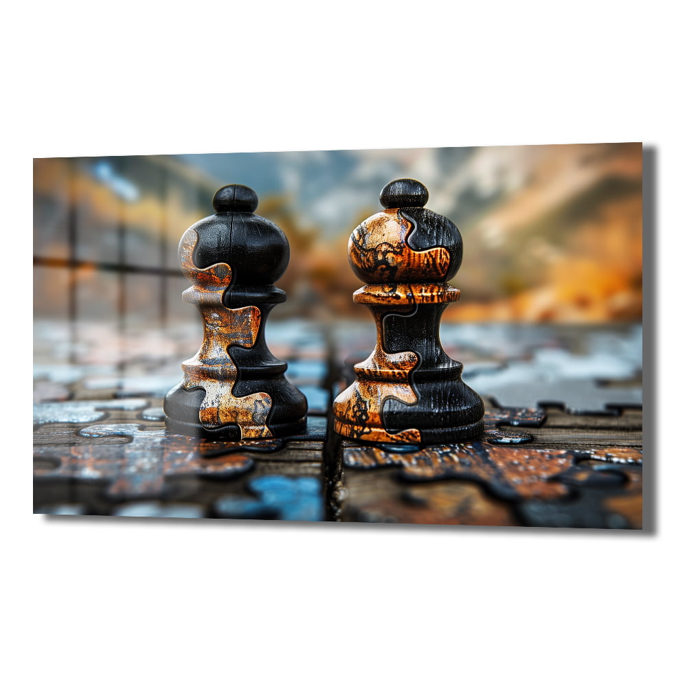 Stratejik Düşünce: Satranç Taşları Puzzle Efektli Modern Cam Tablo