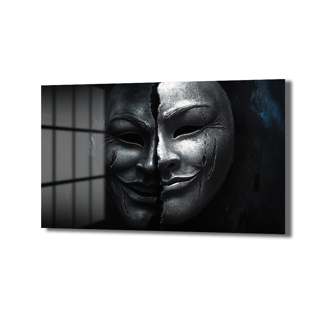 İkilemin Yüzü: Modern Sanat Temalı Kırık Maske Cam Tablo