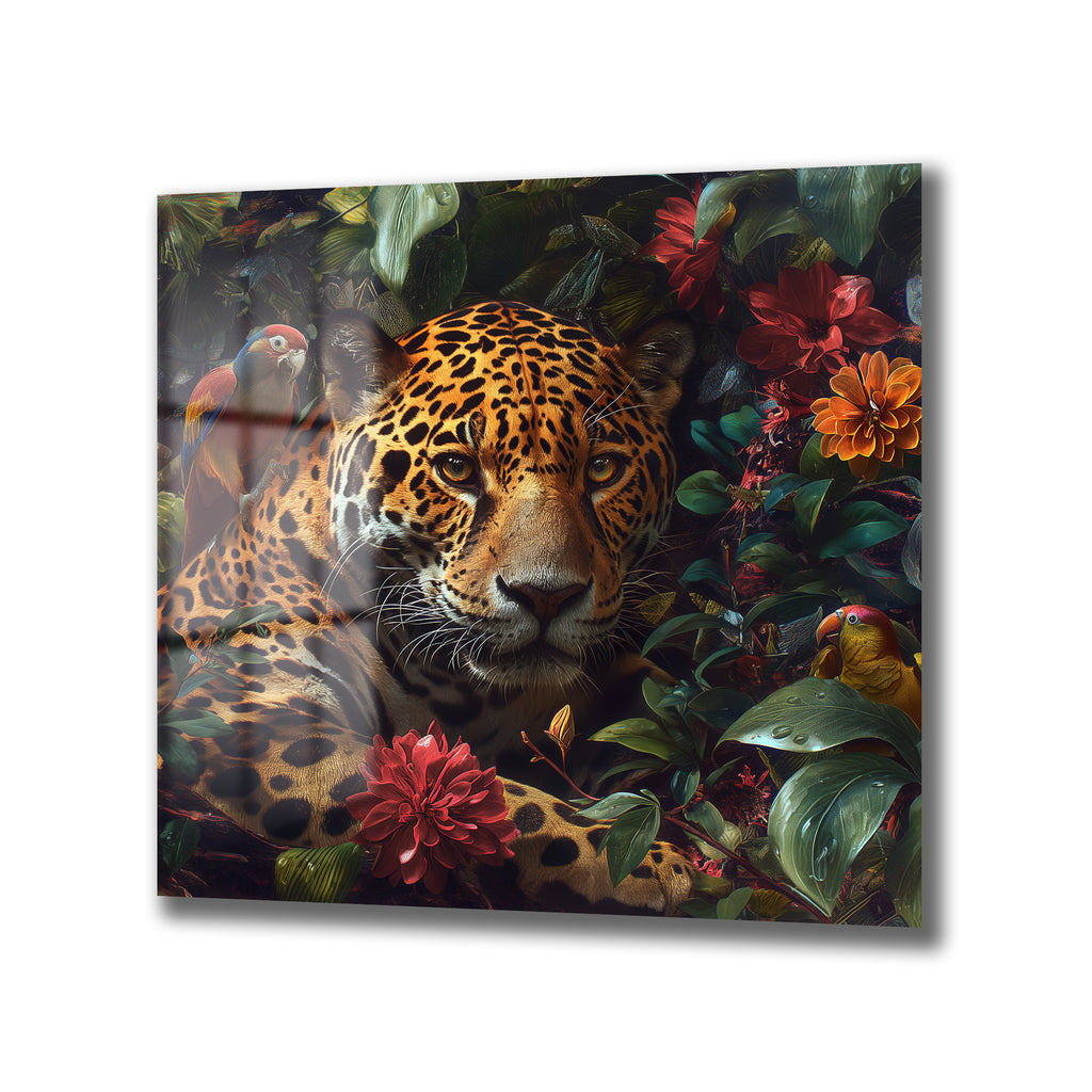 Jungle Gözleri: Jaguar ve Papağan Temalı Premium Cam Tablo