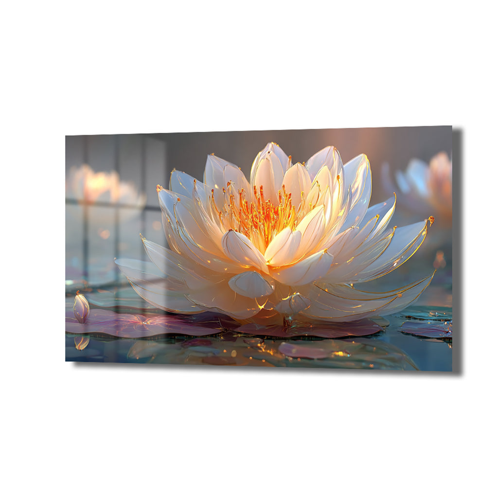 Altın Işıltılı Lotus: Huzur Veren Modern Cam Tablo