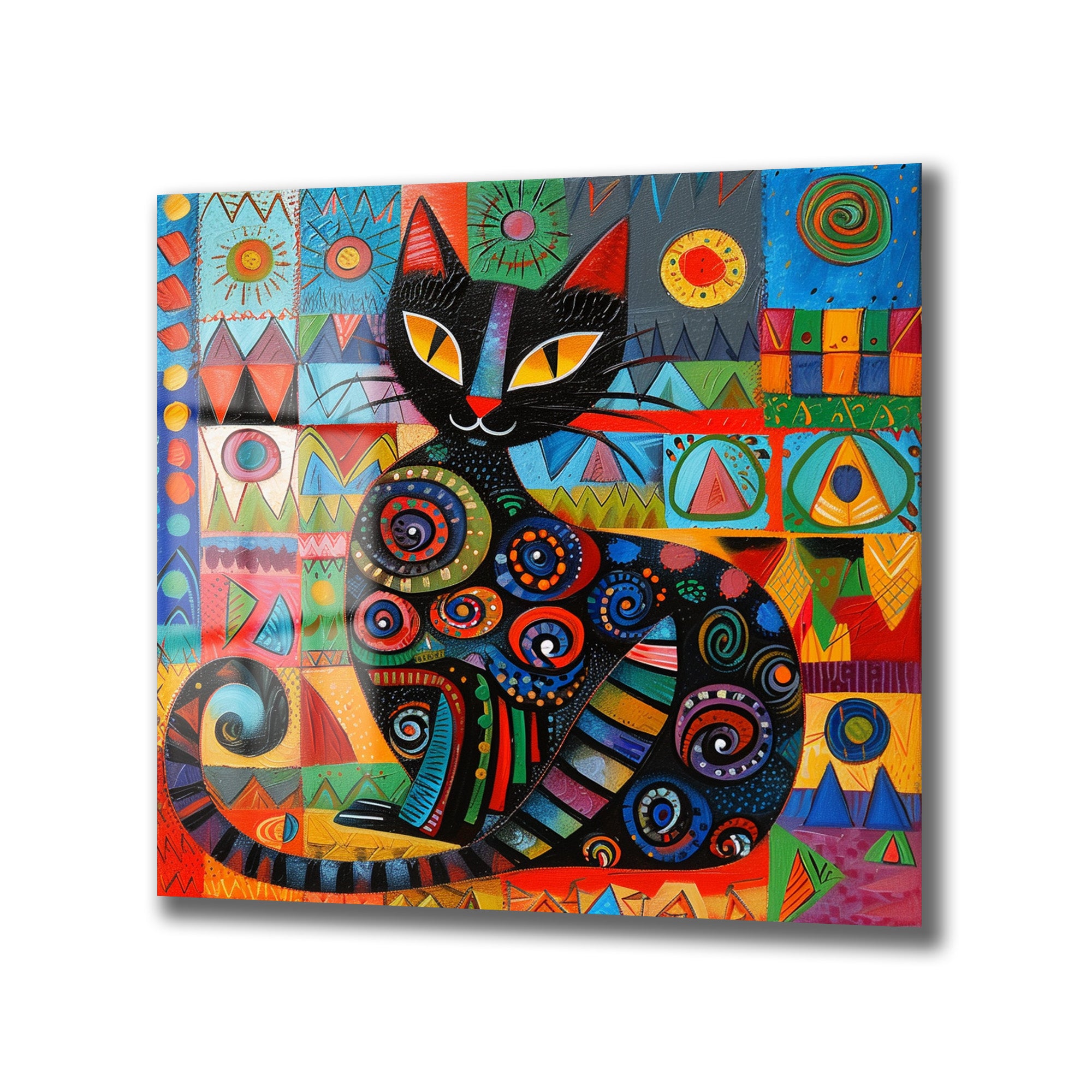 Neşeli Kedi: Canlı Renklerle Modern Sanat Cam Tablo
