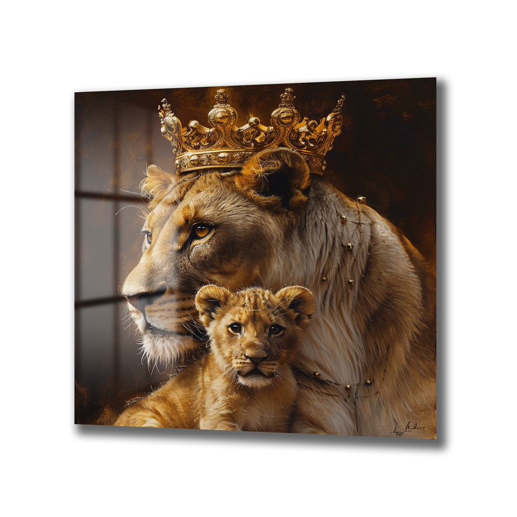 Taçlı Aslan Anne ve Yavrusu Regal Cam Tablo