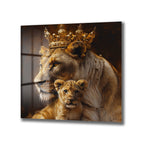Taçlı Aslan Anne ve Yavrusu Regal Cam Tablo