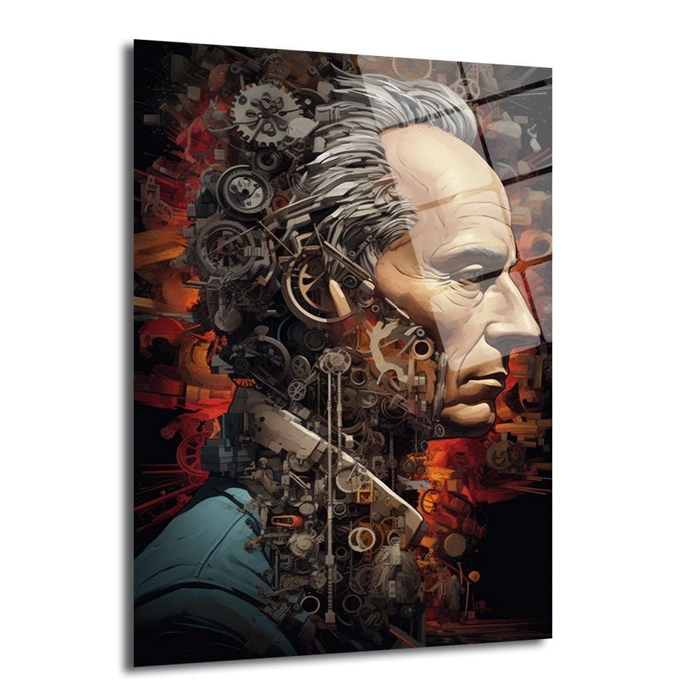 Steampunk temalı 'Mekanik Bilinç: Steampunk Temalı Modern Dekoratif Cam Tablo', yaşlı bir bilgenin profilini, iç içe geçmiş dişliler ve mekanik parçalarla harmanlayarak gösteren, kahverengi, turuncu, kırmızı, gri ve siyah tonlarında sanatsal bir görsel.